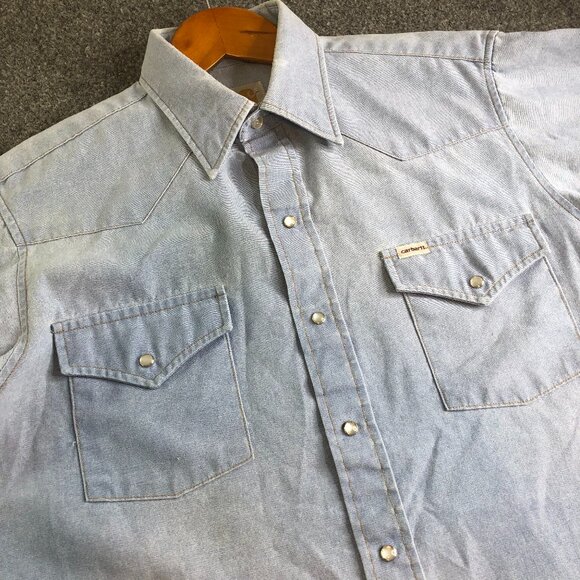 Carhartt Pearl Snap Shirt Mens Large 16 16.5 Blue Chambray Work USA Made Vintage - Picture 1 of 10